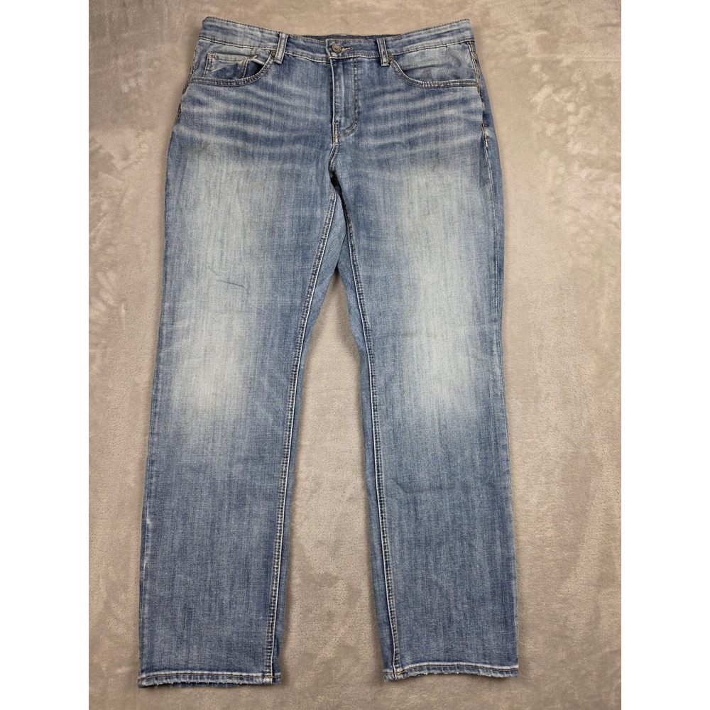 BKE Nolan Straight Leg Jeans Mens 38R Blue Denim Whiskered Distressed Stretch